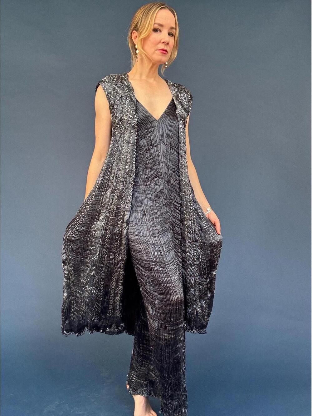 Vintage 1980s Patricia Lester Blue Plisse Pleated Silk Dress & Duster Ensemble